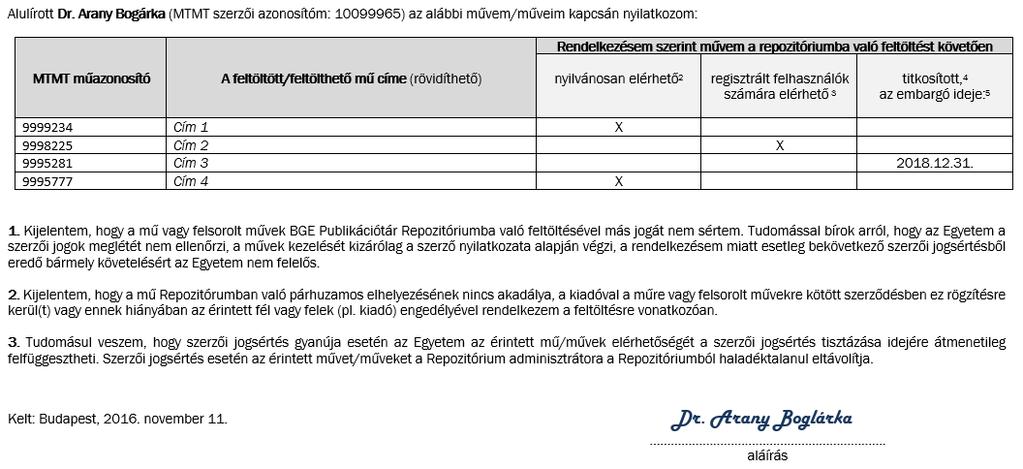 Szerzői nyilatkozat A szerző írásbeli rendelkezése arról, hogy a repozitóriumban miként lehet használni művét/műveit. A 7/2014. (III. 1.