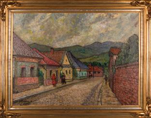 Lakatos Artúr (1880 1968) Kisvárosi utca Sárospatakon, 1963 / Small street in Sárospatak, 1963 olaj,