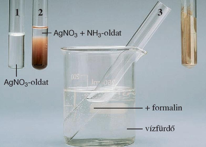 Fehling I. és Fehling II. reagens A adja az ezüsttükörpróbát, az., mint.., nem. Enyhén melegítve ammónia- és ezüst-nitrát-oldat elegyével reagáltatjuk.