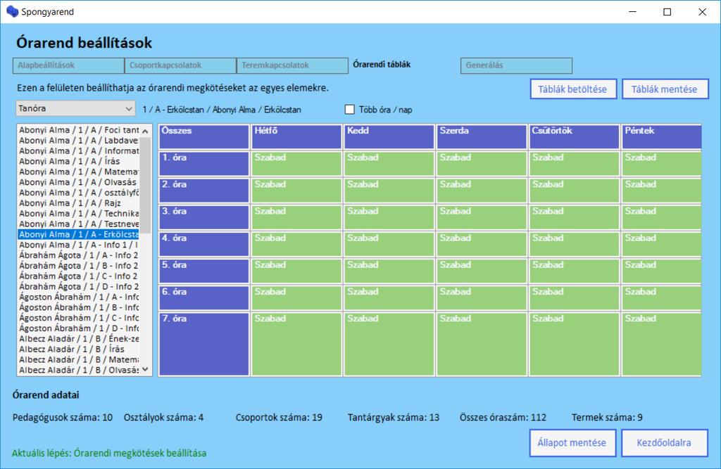 Órarendi táblák beállítása (D eset) Ebben az esetben a bontott órák csak a csütörtök 5. órában jelenhetnek meg, mivel az egyházi oktatók számára csak ez elfogadható.