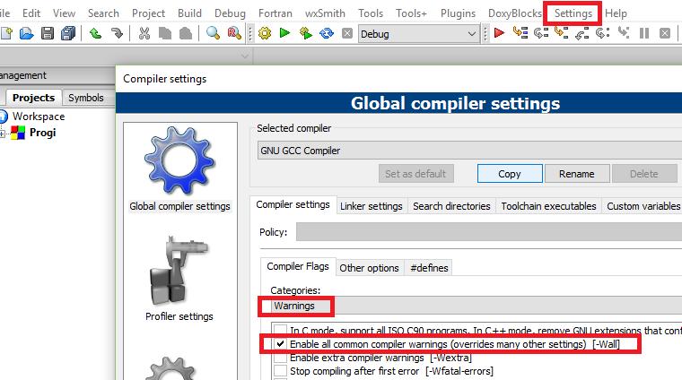 6. ábra: A warningok beállításához a Settings menü, Compiler almenüjét választva feljön a képen látható ablak. Válasszuk a Warnings kategóriát és jelöljük be az Enable all common compiler warnings -t.