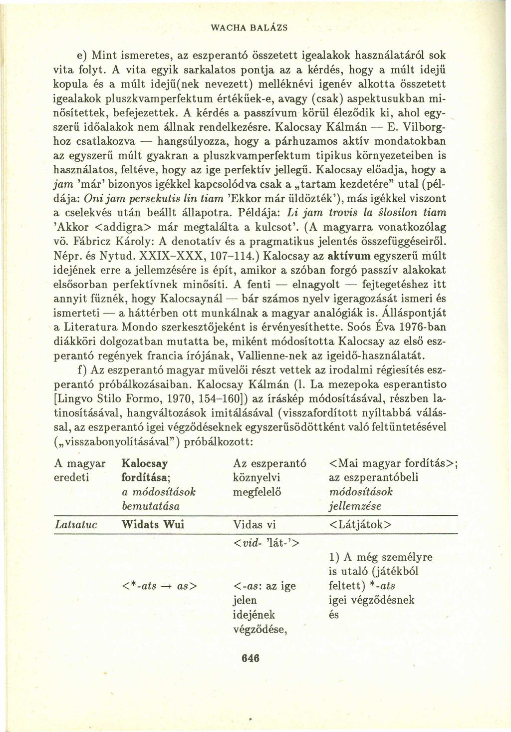 WACHA BALÁZS e) Mint ismeretes, az eszperantó összetett igealakok használatáról sok vita folyt.