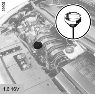 MOTOROLAJSZINT: utántöltés, feltöltés (1/3) 1 2 1 2 1 2 Utántöltés/feltöltés A jármű legyen vízszintes talajon, álló és hideg motorral (például az aznapi első elindulás előtt).