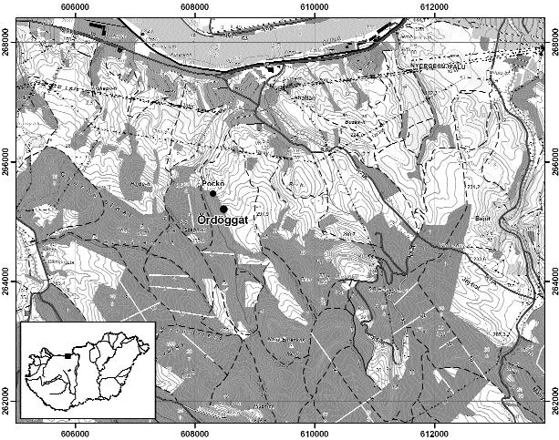 Földtani Közlöny 139/4 (2009) 343 1. ábra. Az Ördöggáti-kőfejtő helyének és környezetének topográfiai térképe; a keret számai EOV-koordináták Figure 1.