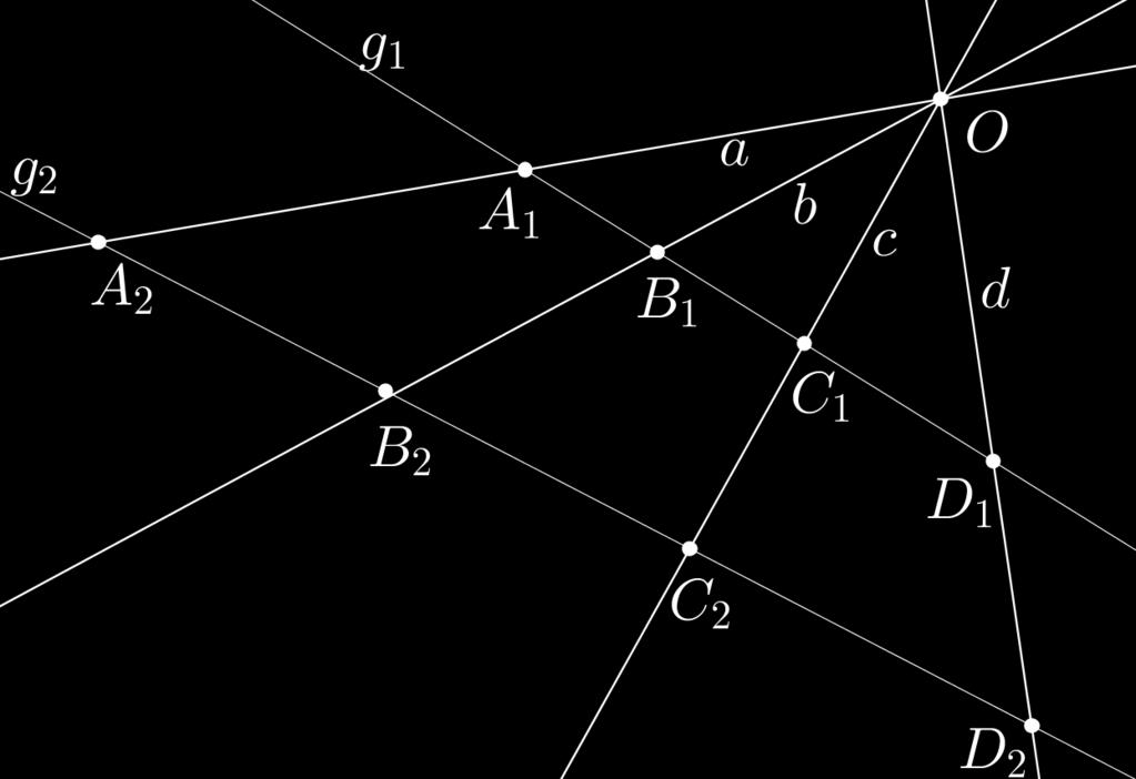O-ra. Ezek messék az a, b, c, d egyeneseket rendre az A 1, B 1, C 1, D 1 illetve A 2, B 2, C 2, D 2 pontokban.