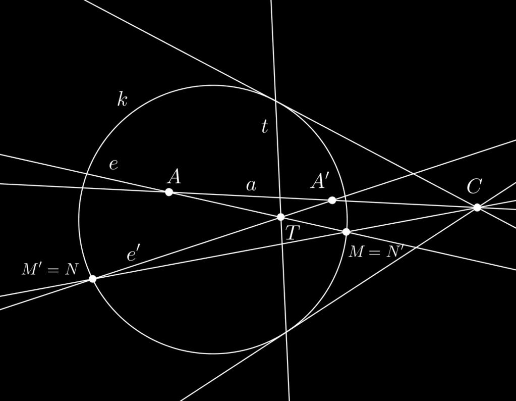 az e egyenes e képét, mivel T xpont, N és M pedig egymás képei a κ kollineációnál.