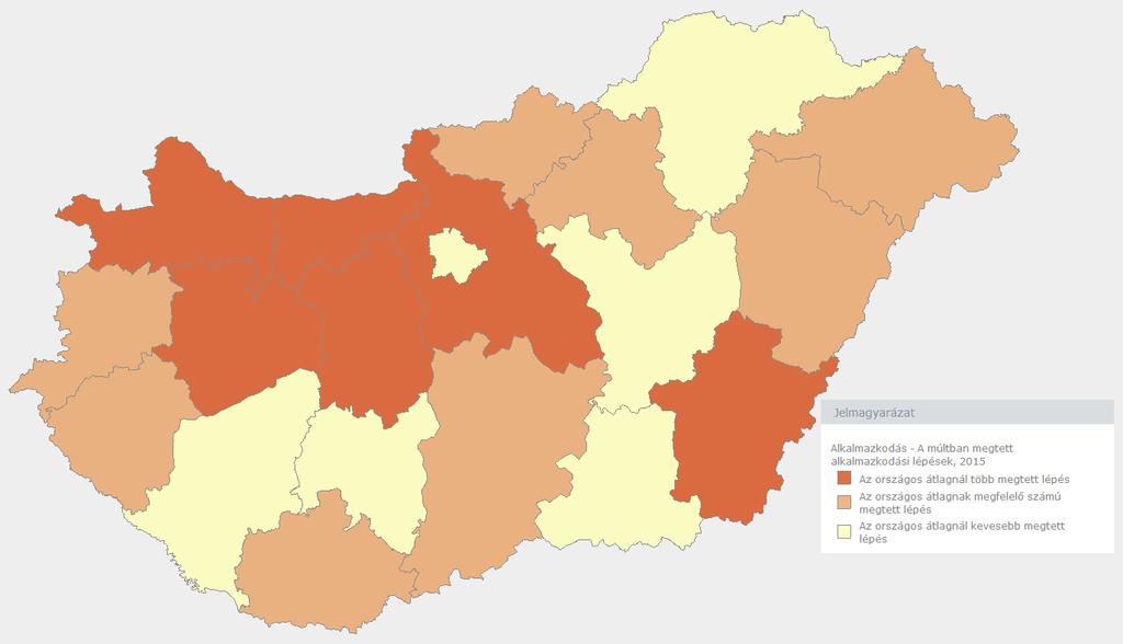 ábra: A múltban megtett alkalmazkodási lépések, 2015 (Forrás: NATéR / MTA RKK, 2015) [Megjegyzés: A mutató azt jelzi, hogy az egyes megyékben átlagosan az emberek