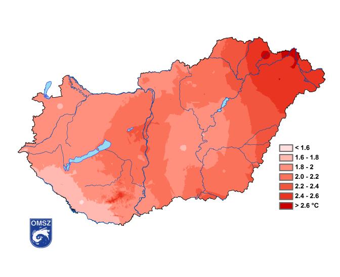 8. ábra: Az országos évi középhőmérsékletek 1901 és 2016 között Forrás: Országos Meteorológiai Szolgálat A legjelentősebb melegedés több mint 2,1 C-al a keleti, északkeleti országrészben volt