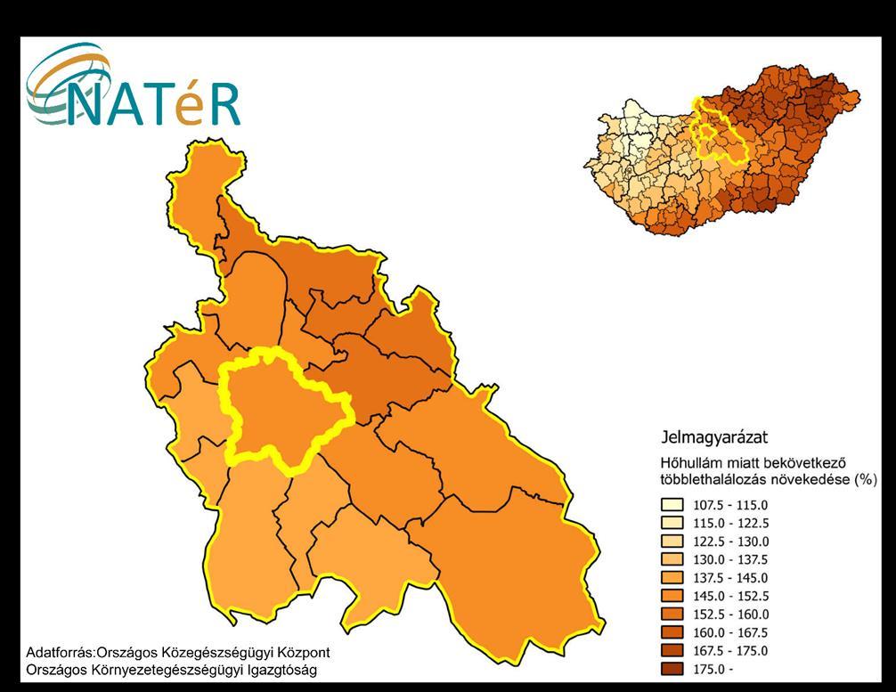 29. ábra: Hőhullámok általi egészségügyi veszélyeztetettség A megyén belül tapasztalható különbségek a kitettségi és az érzékenységi jellemzőkre vezethetők vissza.