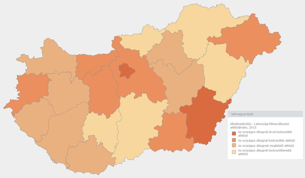 ábra: Lakossági klímaváltozási attitűdindex, 2015 [Megjegyzés: Az index a lakossági lekérdezés attitűdre vonatkozó kérdéseiből előállított komplex mutató, amely egy megye lakosságának