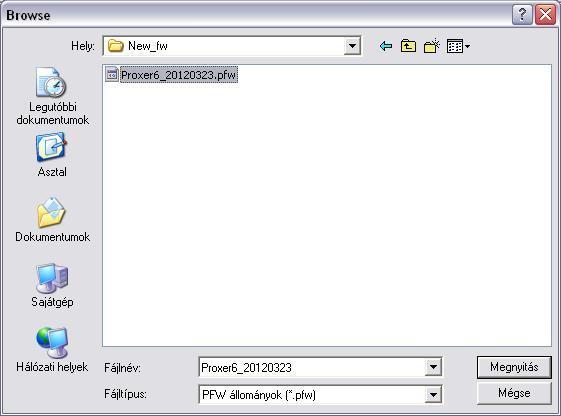 A Firmware frissítése fület kiválasztva töltsük be a forgalmazótól kapott telepítendő firmware (.pfw) állományt. A program ekkor kész a firmware frissítésére.