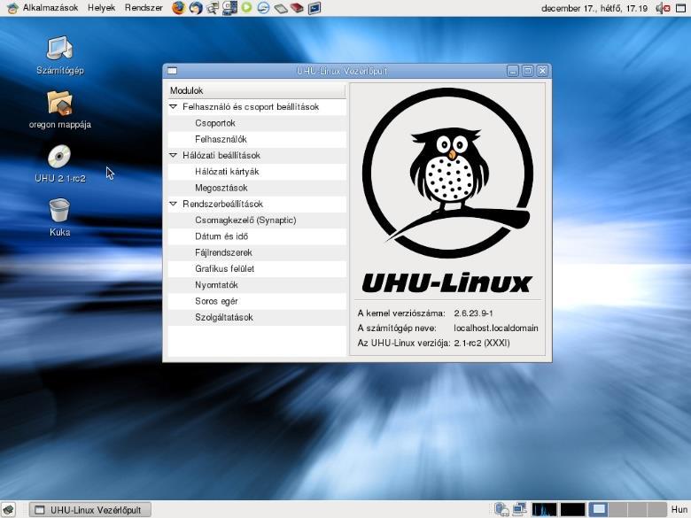 UHU Linux A magyar fejlesztésű rendszer (2002) több szempontból is különleges. A kezdetektől fogva az volt a cél, hogy a kezdő magyar felhasználók könnyen elboldogulhassanak vele.