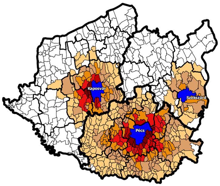 5. ábra: Dél Dunántúl megyeszékhelyeinek helyzetpotenciálja a Hansen féle gravitációs modell alapján (a potenciál étéke 1 1000 között mozog) Forrás: szerző saját szerkesztése a KSH 2011 es Megyei