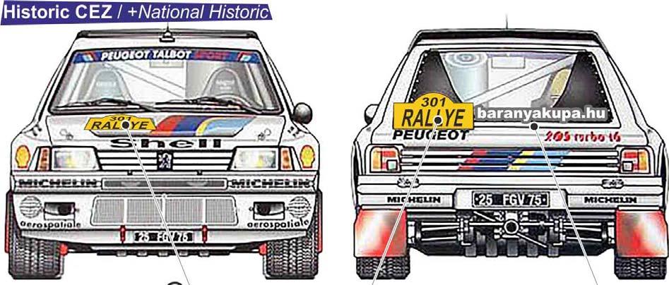 M csoport + Rallye2 + előfutók A: Rendezői rajtszám reklámpanel rajtszám mellett (17x67cm) B: MNASZ/RSB rajtszám-csík rajtsazám reklámok alatt (10x67cm) C+D: Rendezői