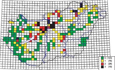A kanadai aranyvessző hazai előfordulása (Botta-Dukát Dancza 2004) A vizsgált területet színes négyzetek jelzik: 0= a faj jelenlétét nem észleltük, 1= a faj igen ritka, csak