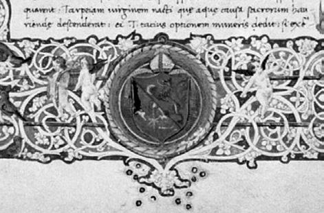 Pócs Dániel na alsó peremének ovális formája is tisztán kirajzolódik a pajzs alsó felén. A kézirat másolója Piero Cennini volt, az általa szignált kolofon 1469.