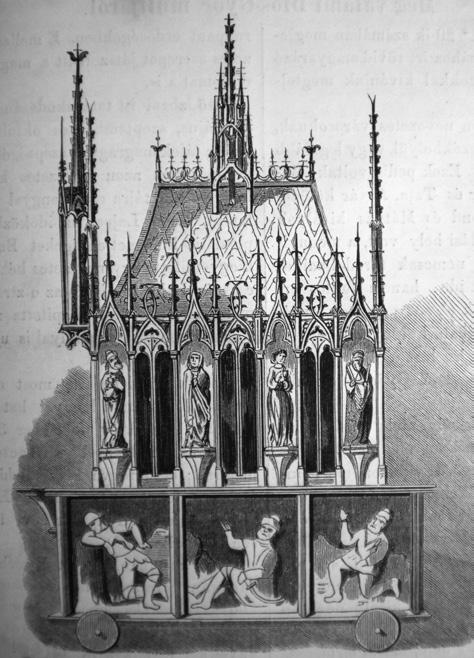 A garamszentbenedeki Úrkoporsó 9. A garamszentbenedeki Úrkoporsó restaurálás előtti rajza (Myskovszky Viktor felvétele. In Uő: Szent Benedek. Hazánk s a Külföld, 1869. V. 549.) an dem Spitz dess H.