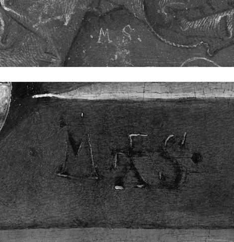 Endrődi Gábor 5. MS mester monogramja: a) Zenélő szerelmespár, 1500 1510 körül.