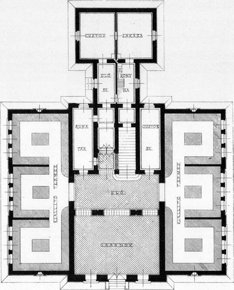 Székely Miklós 2. A Székelyföldi Iparmúzeum földszinti alaprajza, 1893 (Magyar Mérnök- és Építész Egylet Közlönye, 27. 1893. 234.) mérlegek, gazdasági eszközök egészített ki.