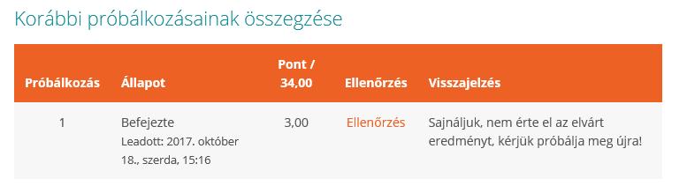 Fontos: a tesztek ellenőrzésére a leadás és befejezést követően két percig van lehetősége!