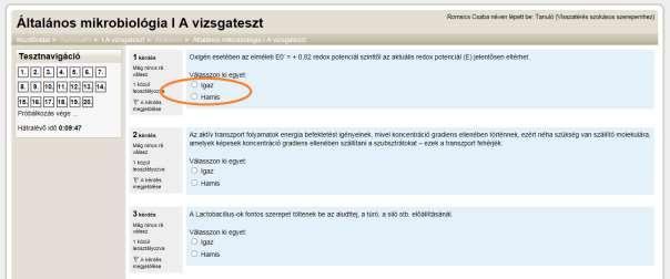 10. ábra: Vizsgateszt kérdéssor Töltsük ki a megjelenő tesztlapot (10. ábra, 12.