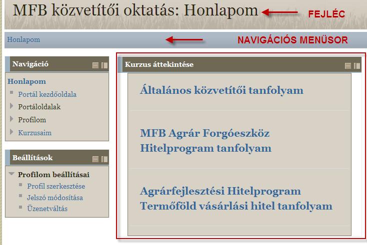 3. Bejelentkezés utáni képernyő felépítésének ismertetése Bejelentkezés után a képernyő középső részén automatikusan megjelennek azok a kurzusok,