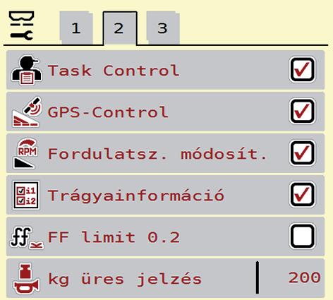A AXIS EMC ISOBUS kezelése 4 4.5 Gépbeállítások Ebben a menüben a traktor és a gép beállításai érhetők el. Nyissa meg a Gépbeállítások menüt. 4.11 ábra: Gépbeállítások menü, 1. és 2.