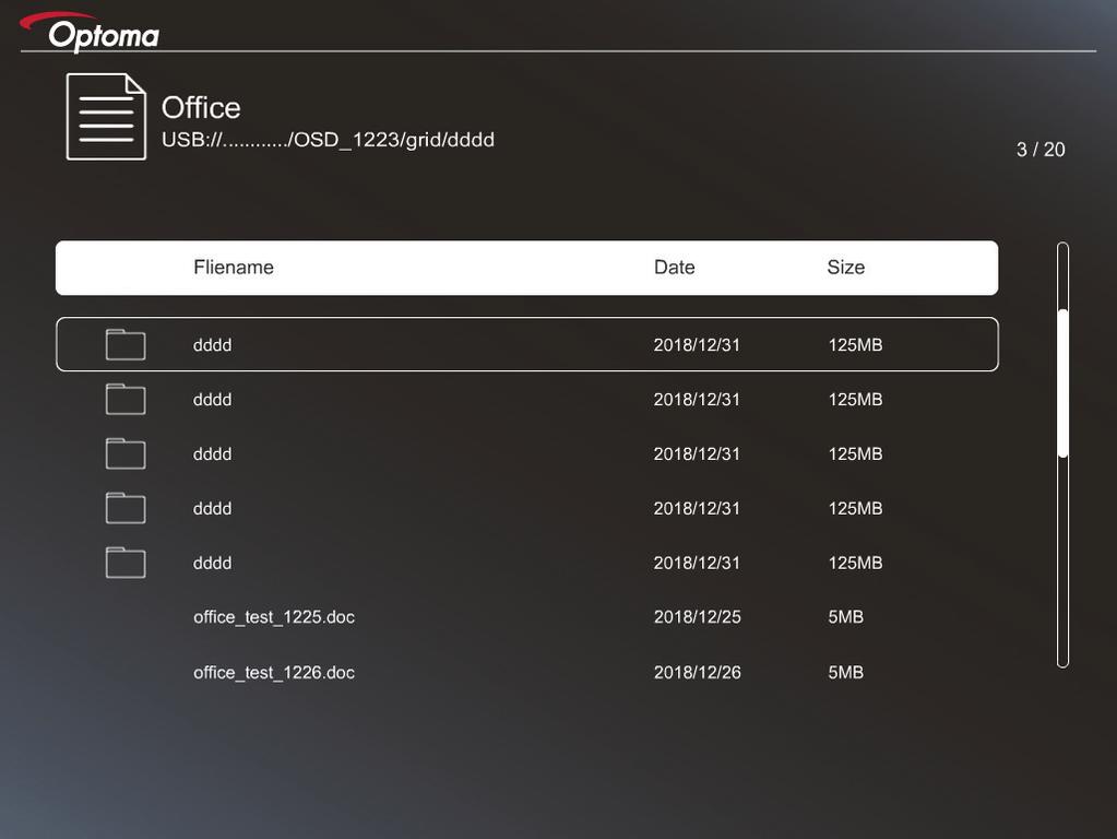 Office Nyomja meg a,, vagy gombot egy dokumentum kijelöléséhez, majd nyomja meg a gombot Enter a kivetítő billentyűzetén, illetve a gombot a távvezérlőn, hogy hozzáférjen a dokumentumnézegető