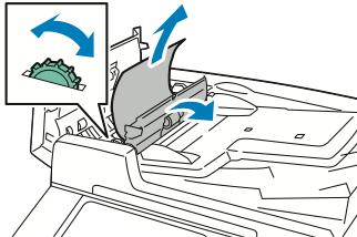 Az eredeti dokumentum adagolóból való kivételéhez forgassa el a zöld tárcsát a jelzett irányba, majd óvatosan húzza ki az eredeti dokumentumot. 5.
