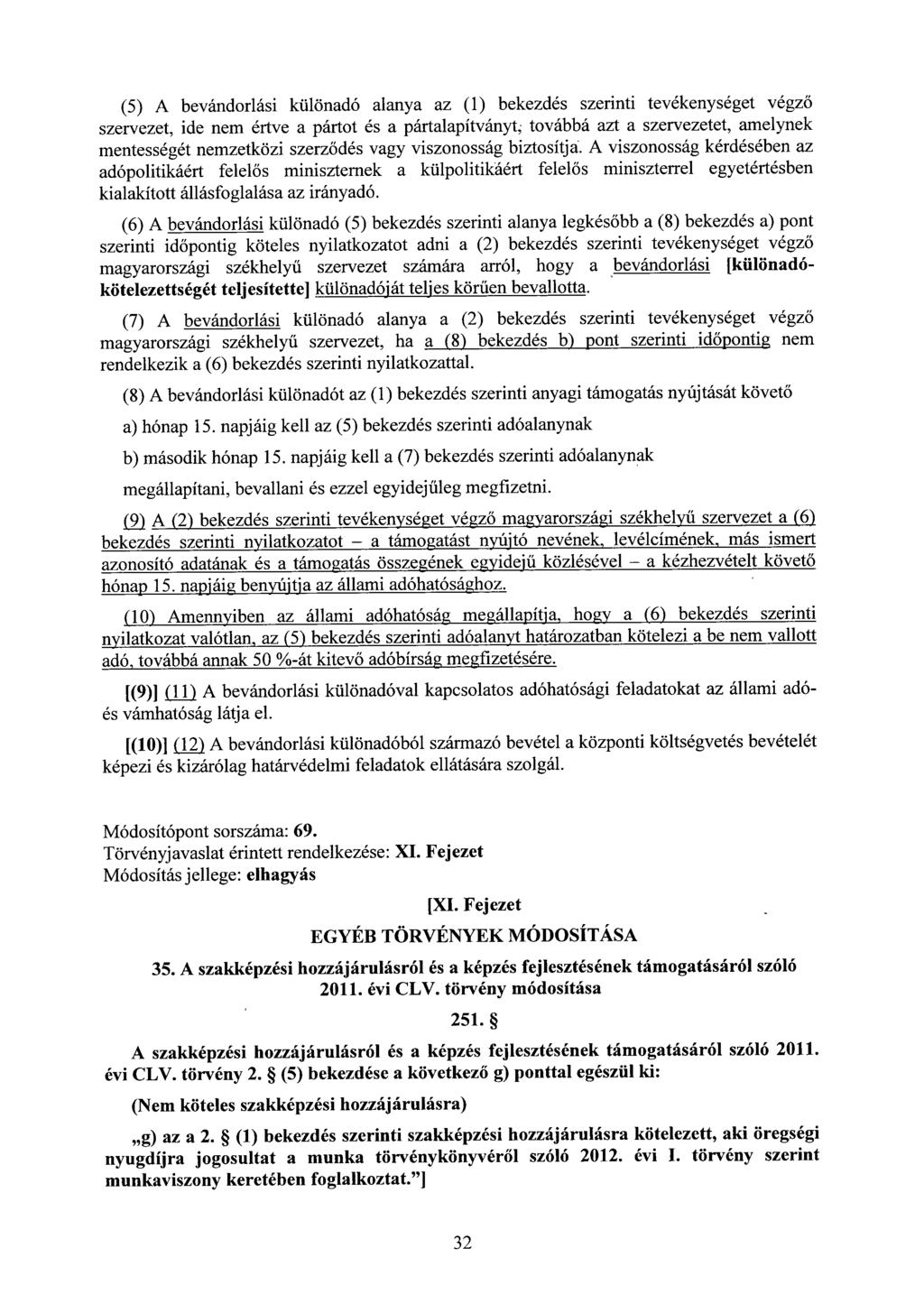 (5) A bevándorlási különadó alanya az (1) bekezdés szerinti tevékenységet végz ő szervezet, ide nem értve a pártot és a pártalapítványt; továbbá azt a szervezetet, amelyne k mentességét nemzetközi