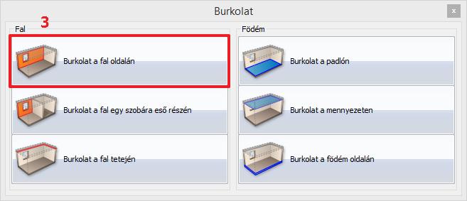 (3) Majd kattintson a fal belső oldalára (1) az alaprajzon (melyen a burkolatot módosítani szeretné) és helyezze el az adott fal kiterített képét az alaprajz közelében a rajzlapon (2).