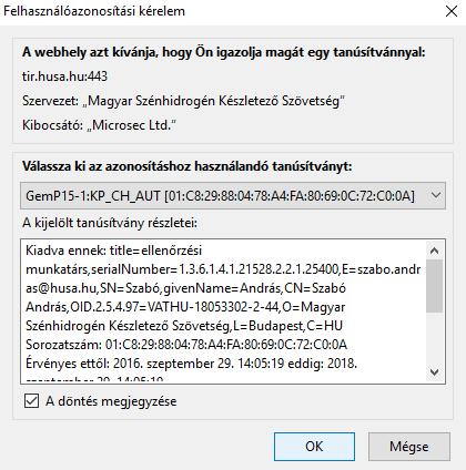 a PIN kód beírását követően a rendszer automatikusan belépteti a TIR-be. A Microsoft Edge böngésző esetében jelenleg a hitelesítő (autentikációs) belépés nem működik.