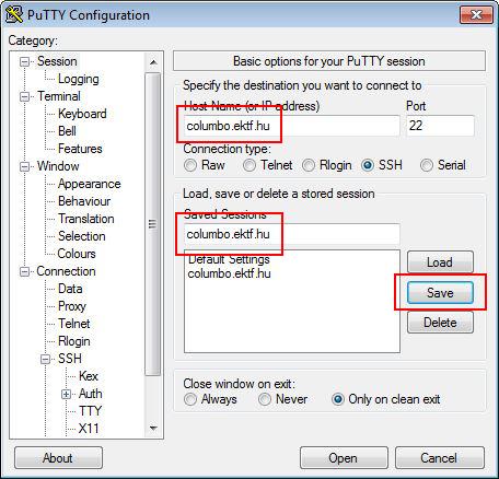 A beállítások elmentése a Session menü kiválasztása után történik. A Saved Sessions listában kattints a Default Settings-re, majd nyomd meg a Save gombot.