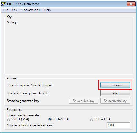 A PuttyGen kezelése egyszerű. Indítása után nyomja meg a Generate gombot, ezzel kezdetét veszi a kulcspár készítésének folyamata.