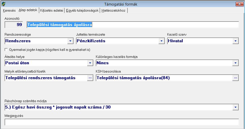 50. ábra: A települési támogatás ápolásra támogatási forma tulajdonságainak beállítása a Beállítások/Támogatási formák menüpont Alap adatok fülén 20.2.3.
