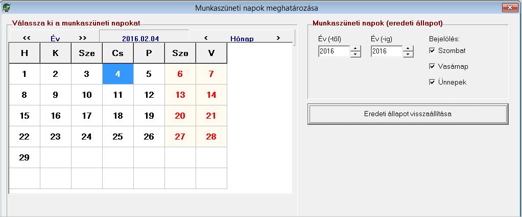 54. ábra: A 2016. év munkaszüneti napjainak automatikus beállítása a Beállítások/Naptár menüpontban. 21. Lekérdezések/Adatszolgáltatások 21.1. MEP jelentés A kizárólag egészségügyi szolgáltatások igénybevételére jogosító rendszeres támogatások adataiban történt változásokról szóló jelentést a program elkészíti.
