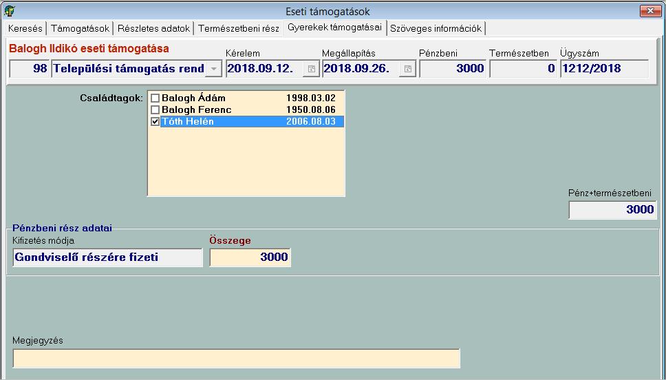 Válasszuk ki a megfelelőt! Ha a kérelmezőt választjuk, akkor a támogatási forma beállításában (lásd 20.2.3. fejezet) meghatározott előre beírja összeg jelenik meg az Összege mezőben.