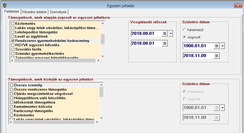 A Személyek fülön láthatjuk a szűrés eredményét, vagyis az RGYVK-ben részesülő gyermekeket (és a kérelmezőket). Az is látható, hogy a HH/HHH gyermekek részére 6500,- Ft kerül beírásra.