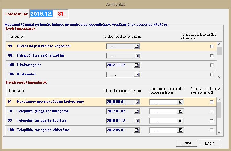 Ha olyan rendszeres támogatási formát pipálunk ki törlésre, amelyre voltak rögzítve megállapítások, akkor ki kell töltenünk a jogosultság csoportos megszüntető dátumát is.