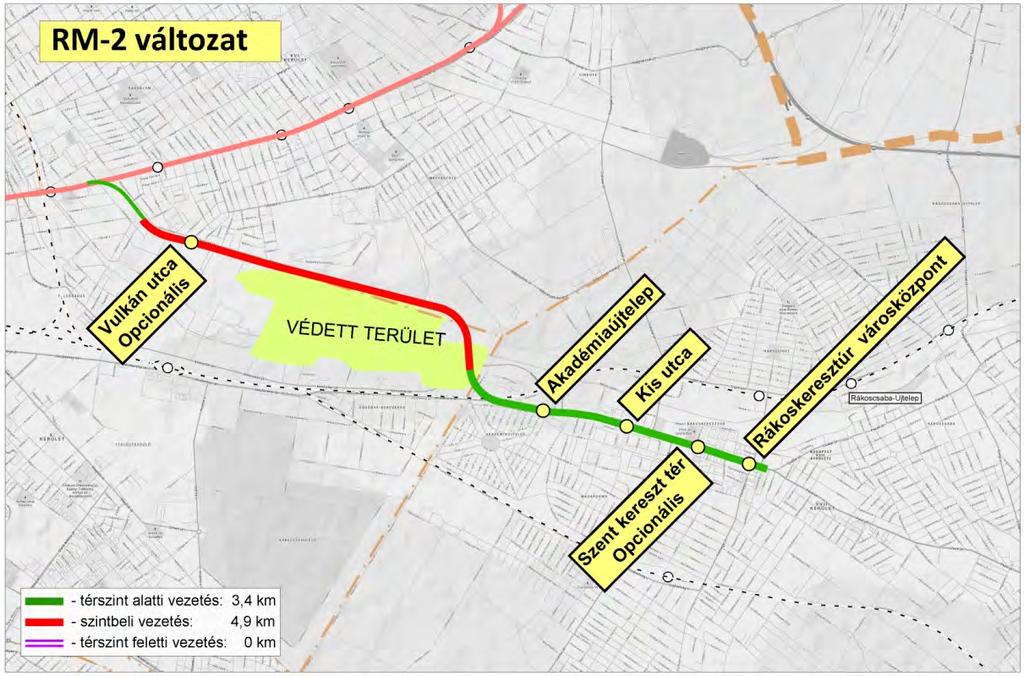 2.1. ábra Az RM-2 változat nyomvonalvezetése Az első állomás Akadémia-újtelep néven létesül, a 80-as vasútvonalon tervezett