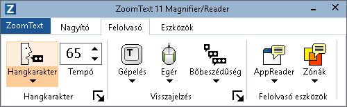 142 A Felolvasó eszköztárfül A Felolvasó eszköztárfülön található gyorsgombokkal a ZoomText beszédfunkcióit lehet be- és kikapcsolni, illetve ezek működését módosítani.