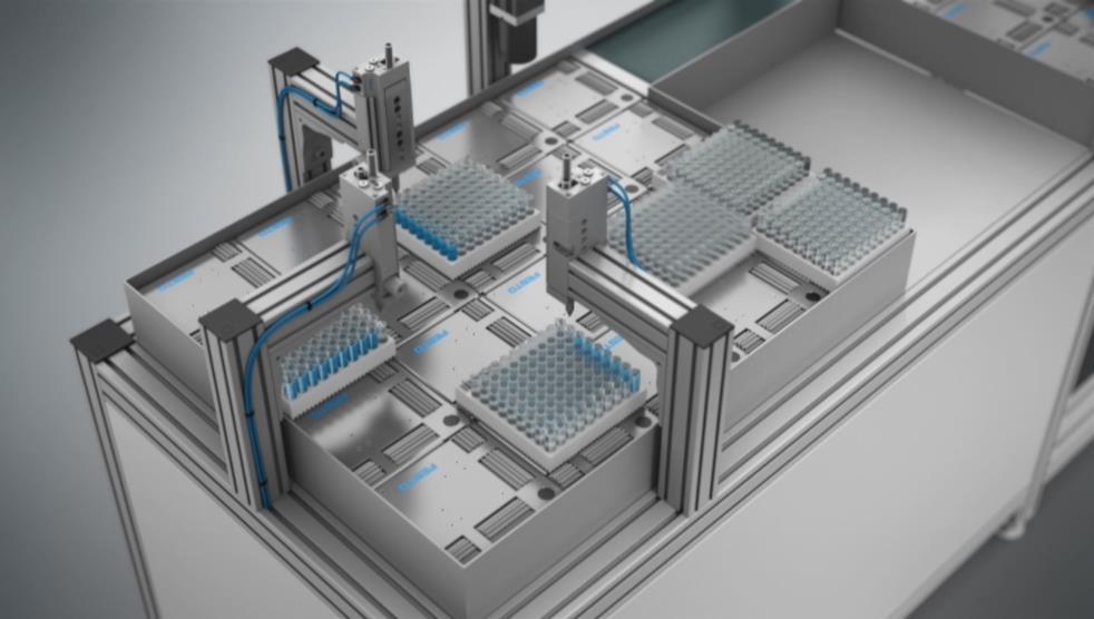 1. ábra A Motion Cube különféle munkadarabok párhuzamos kezelését teszi lehetővé (forrás: Festo) A laboratóriumi automatizálás terén a mintakezelő alkalmazásokban található laboratóriumi minták a