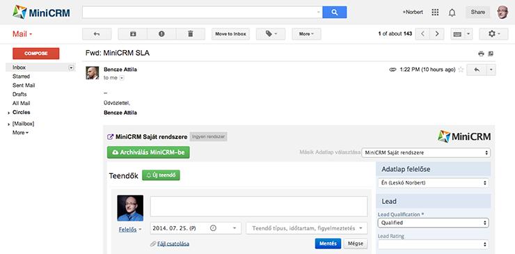 6. Integrációk: Gmail/Outlook, naptár, címjegyzék, okostelefon 6.1. Gmail for Work & Outlook Office 365 Minden levélváltás alján megjelenítheti ügyfele releváns CRM adatlapját.