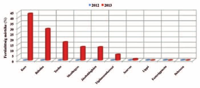 A 2012-es száraz évjáratban hat helyen jegyeztük fel kismértékű előfordulását (fertőzöttség mértéke 0-16,0 %).