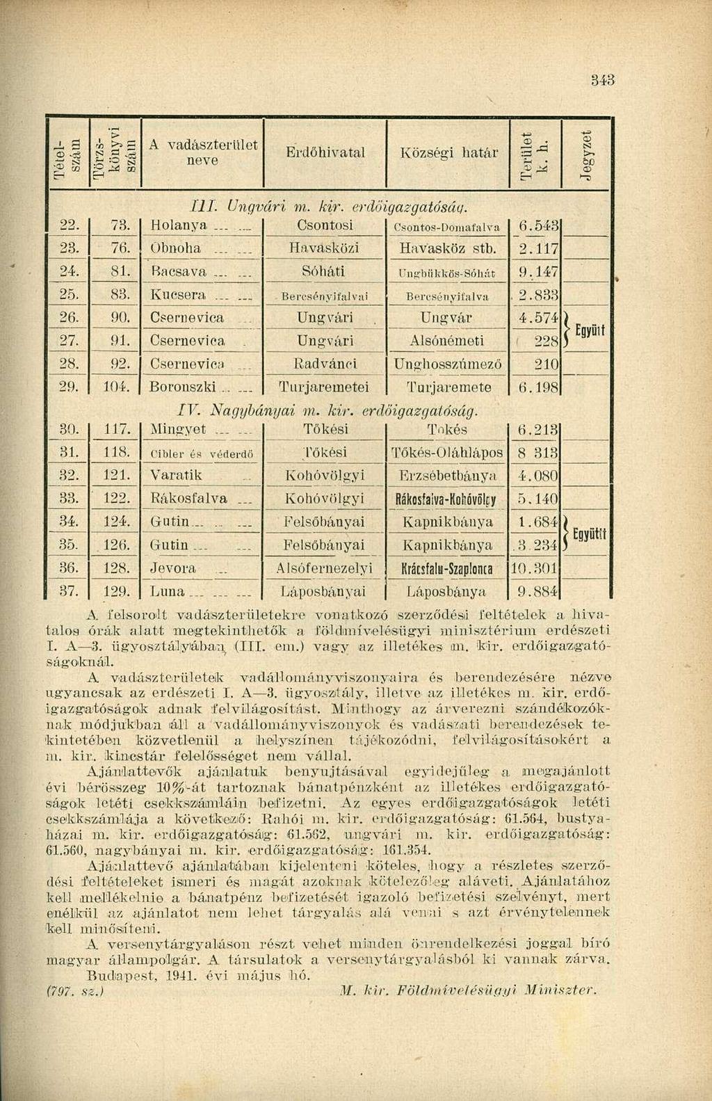 343 Tételszám Törzskönyvi szám A vadászterület neve Erdőhivatal Községi határ Terület k. h. Jegyzet 22. 73. III. Holanya Ungt ári _ m. kir. erdő' gazgatésái/. Csontosi Csontos-Poinafalva 6.543 23. 76.