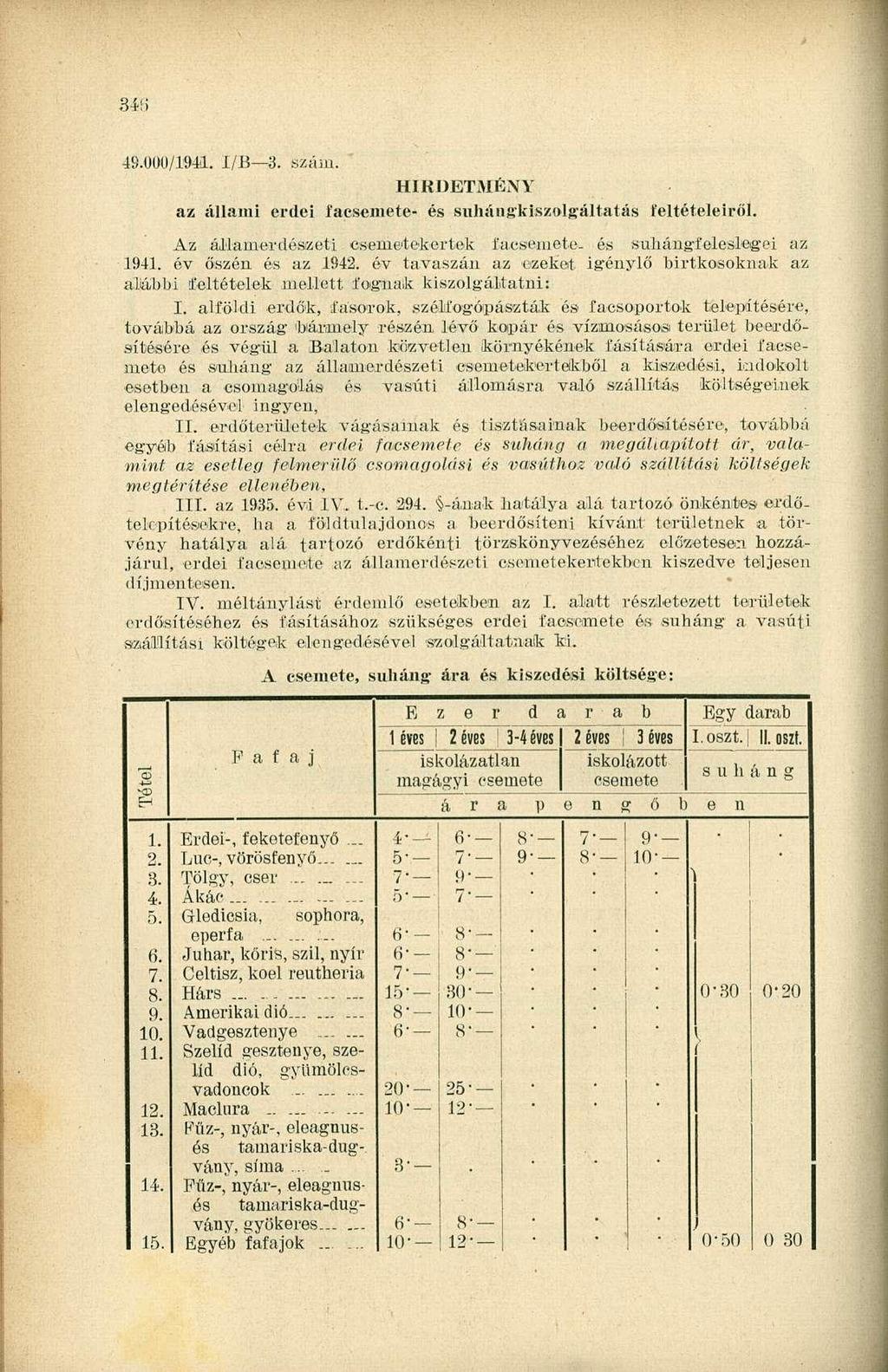 49.000/1941. I/B 3. szám. HIRDETMÉNY az állami erdei facsemete- és suhángkiszolgáltatás feltételeiről. Az államerdészeti csemetekertek facsemete- és suháugfeleslegei az 1941. év őszén és az 1942.