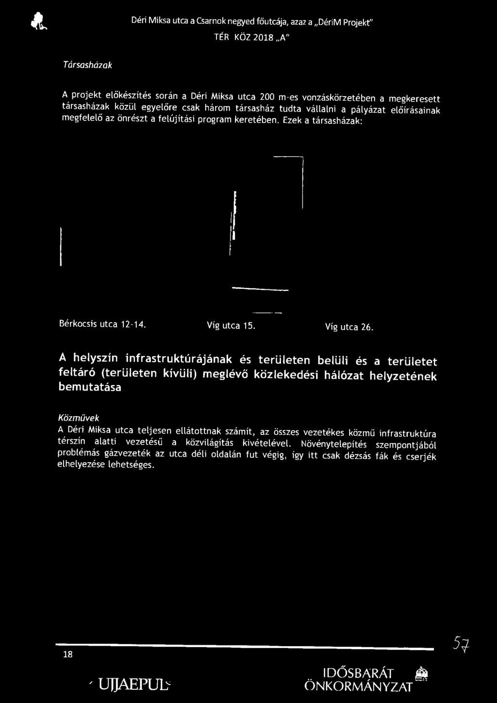 A helyszín infrastruktúrájának és területen belüli és a területet feltáró (területen kívüli) meglévő közlekedési hálózat helyzetének bemutatása Közművek A Déri Miksa utca teljesen ellátottnak számít,