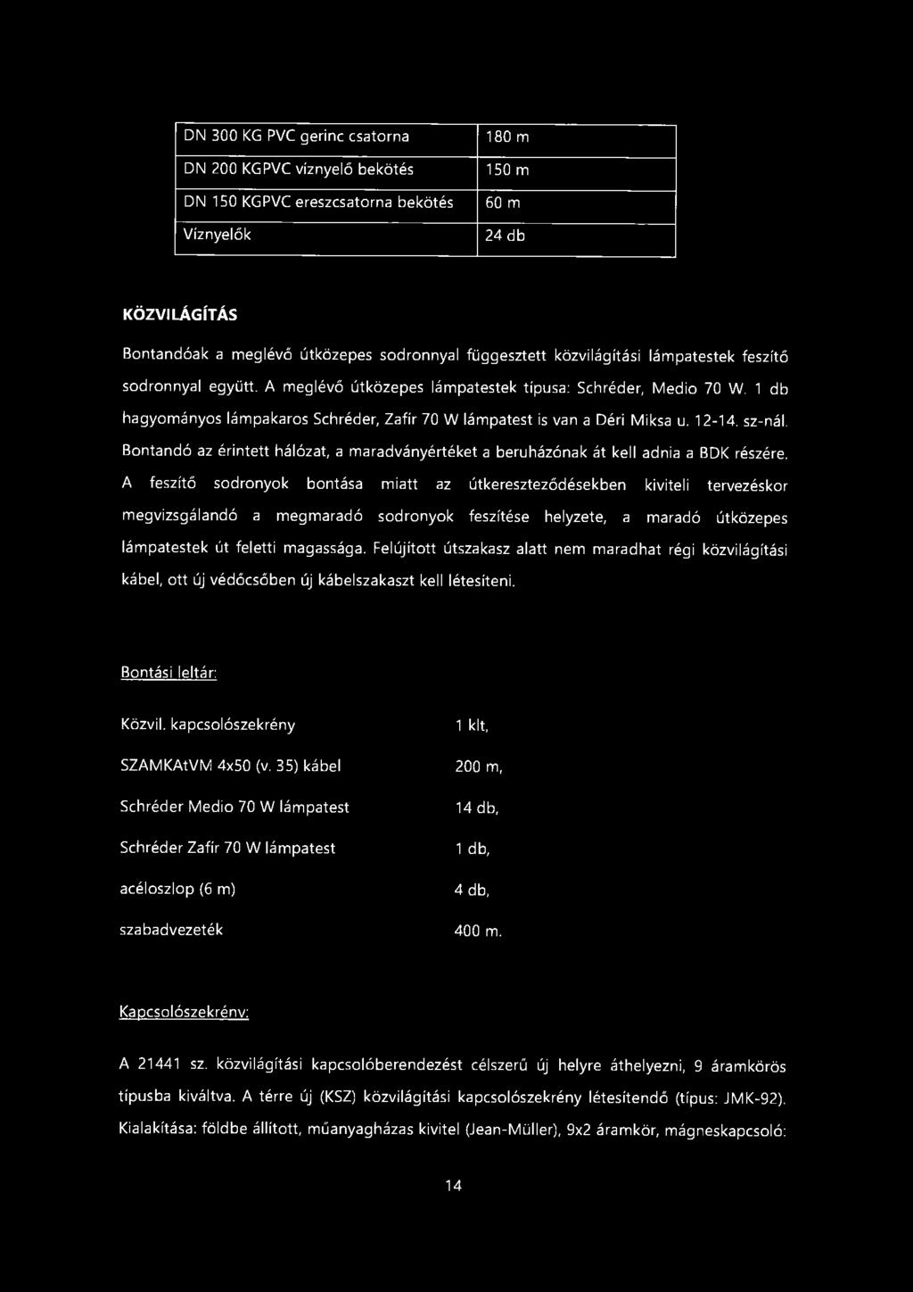 DN 300 KG PVC gerinc csatorna DN 200 KG PVC víznyelő bekötés DN 150 KG PVC ereszcsatorna bekötés Víznyelők 180 m 150 m 60 m 24 db KÖZVILÁGÍTÁS Bontandóak a meglévő útközepes sodronnyal függesztett