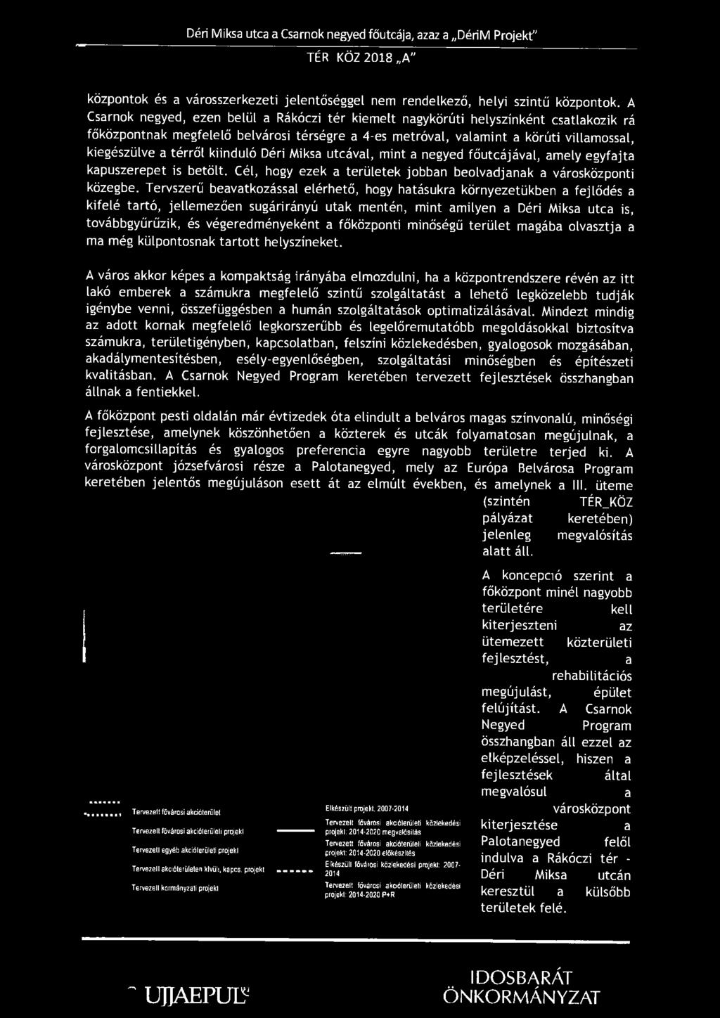 Déri Miksa utca a Csarnok negyed főutcája, azaz a DériM Projekt" TÉR KÖZ 2018 A" központok és a városszerkezeti jelentőséggel nem rendelkező, helyi szintű központok.