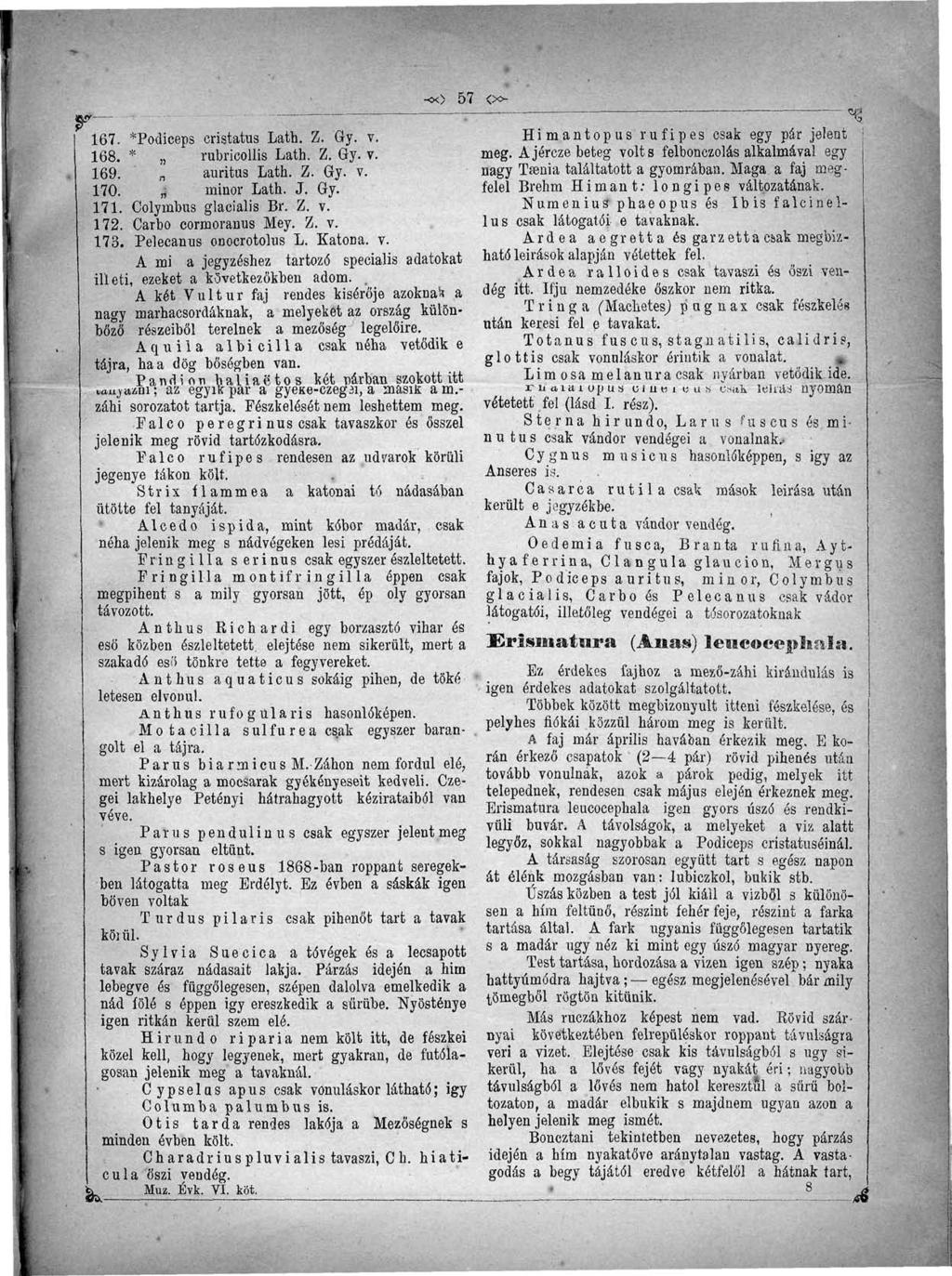 f -«x> 57 <»- % 167. *Podíceps eristatus Lath. Z. Gy. v. Himantopusrufipes csak egy pár jelent 168. * rubricollis Lath. Z. Gy. v. meg. A jércze beteg volts felbonczolás alkalmával egy 169.